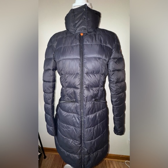 Save the Duck Women's black long Puffer Coat w/hidden hood. Size 3 M/L - Picture 1 of 15